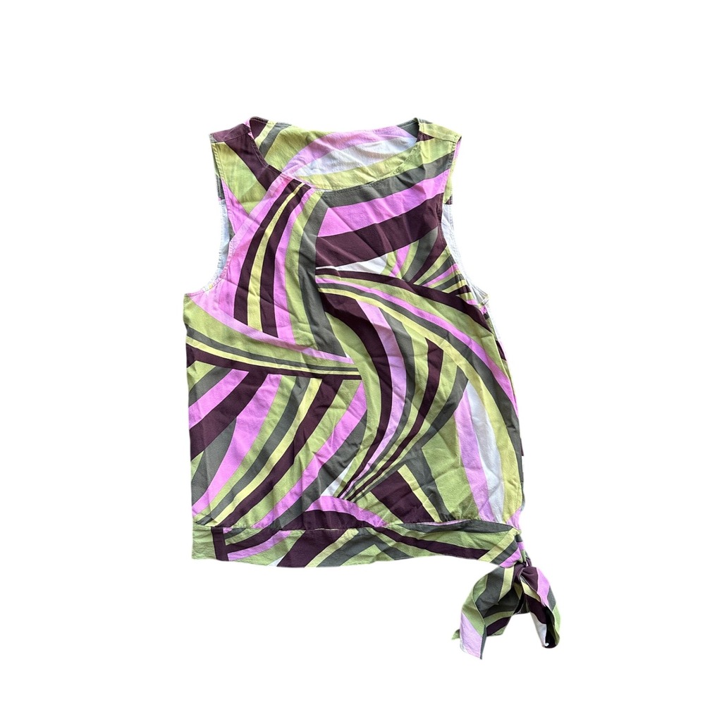 Theory Graves Silk Blend Sleeveless Top Pink Green Geometric Swirl Side Tie S